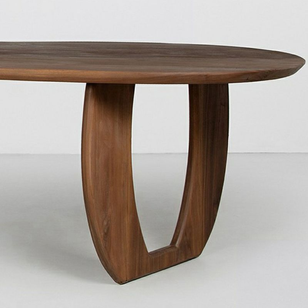 Abstract Round Walnut Dining Room Table against a white background