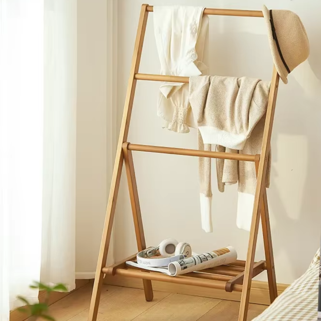 Bamboo Wooden Clothing Rail close up view