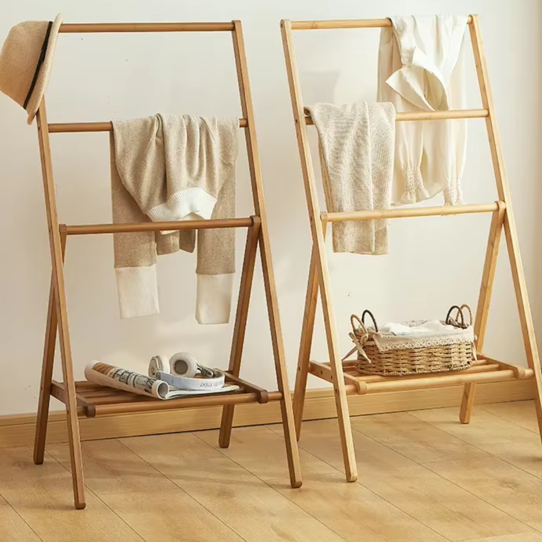 Bamboo Wooden Clothing Rail with both light wood and dark wood variants