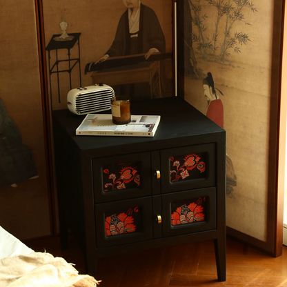 Black Floral Mid Century Bedside Table close up view