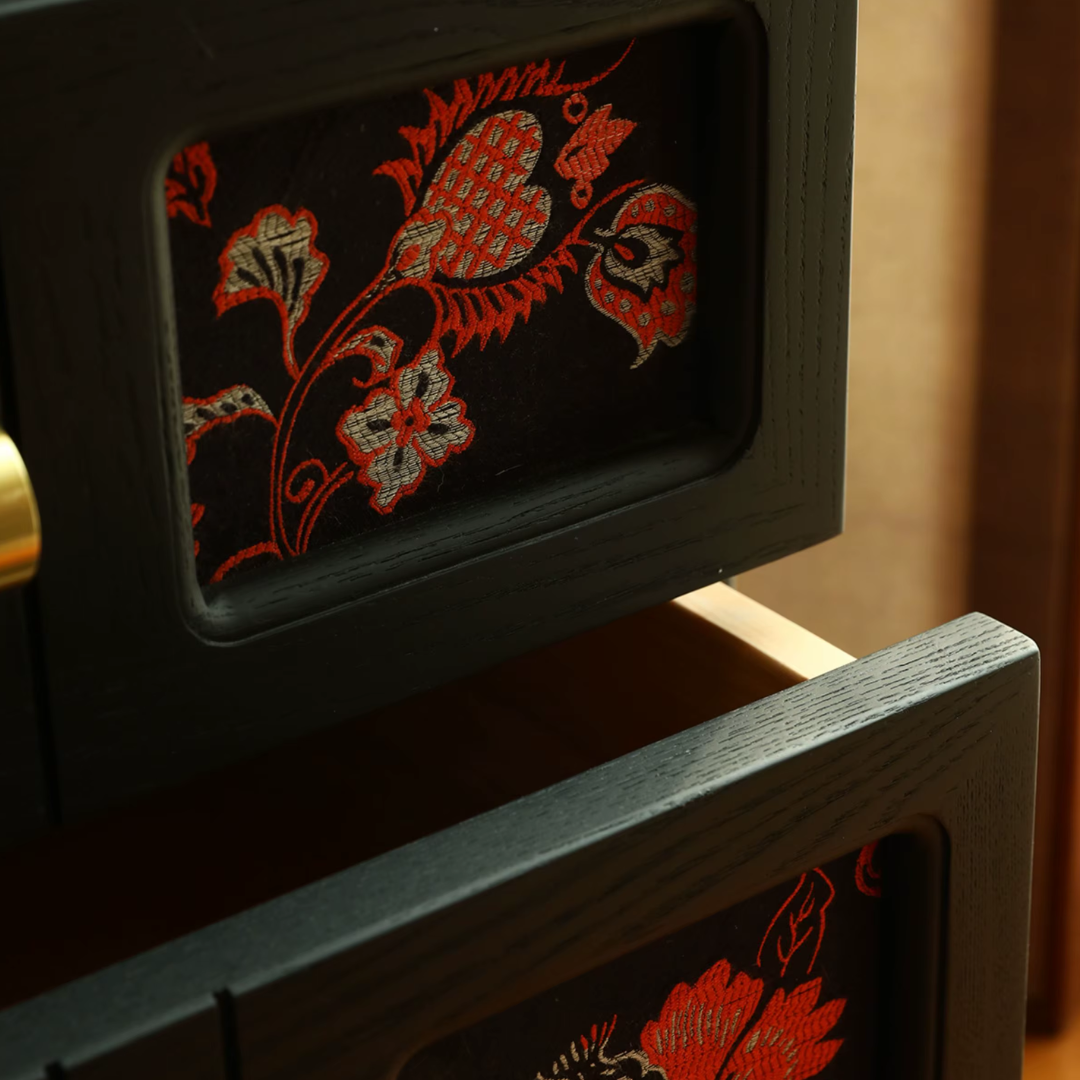 Black Floral Mid Century Bedside Table close up of the floral detailing