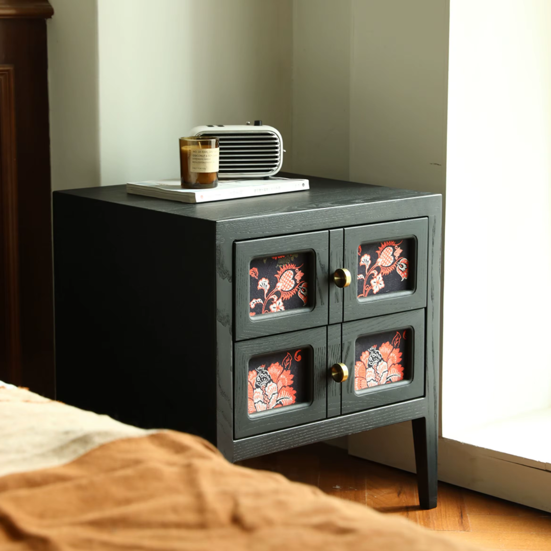 Black Floral Mid Century Bedside Table side view