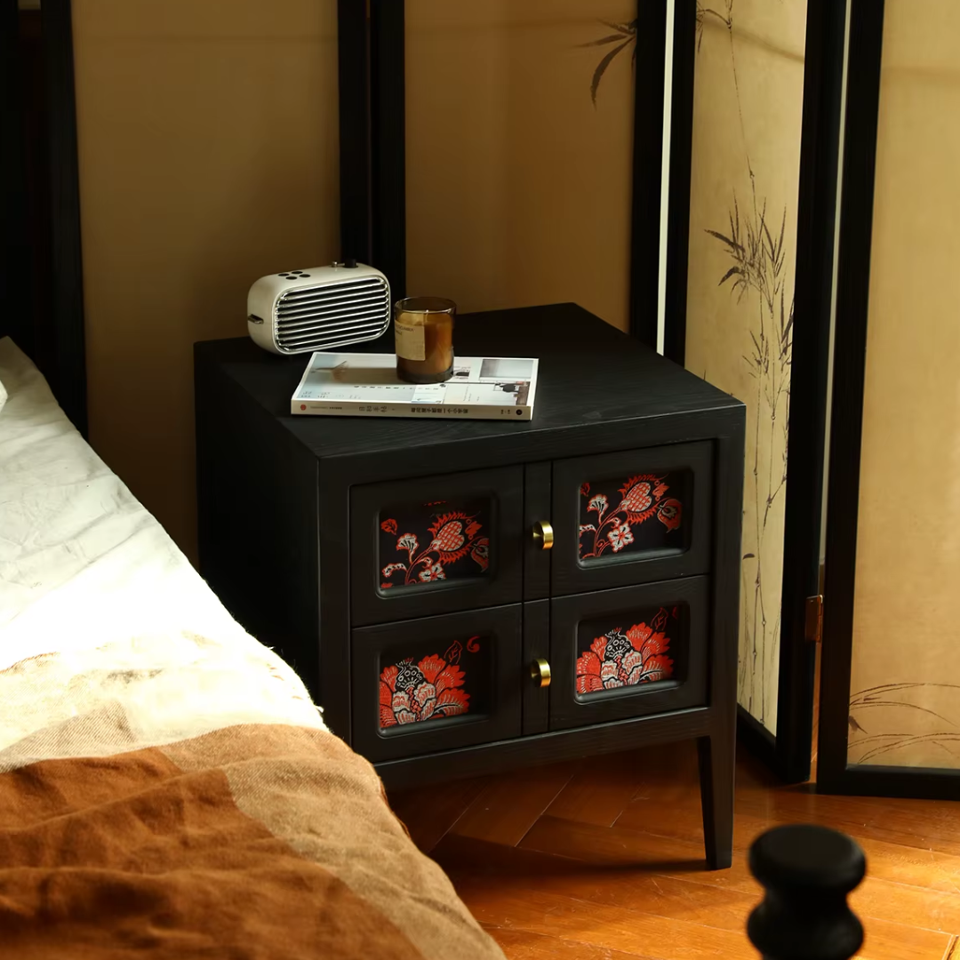 Black Floral Mid Century Bedside Table styled in a mid century bedroom