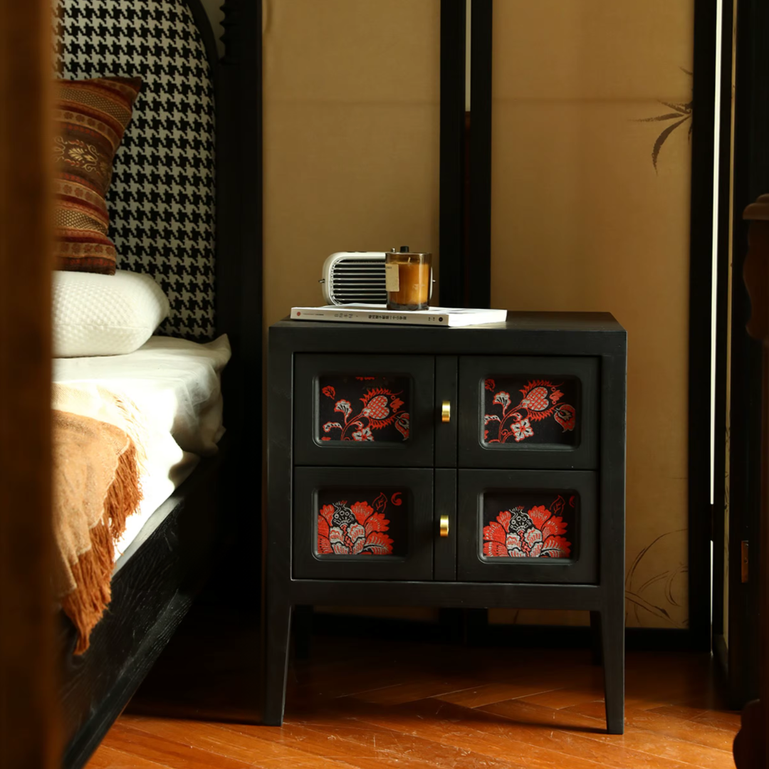 Black Floral Mid Century Bedside Table front view