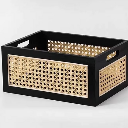 Black Wood  Rattan Storage Baskets side view