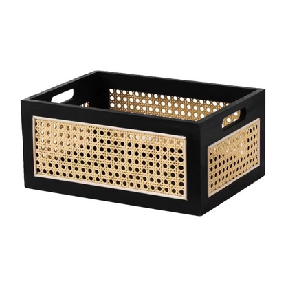 Black Wood  Rattan Storage Baskets against a white background