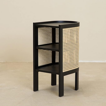 Black Solid Wood Rattan Bedside Table front view 
