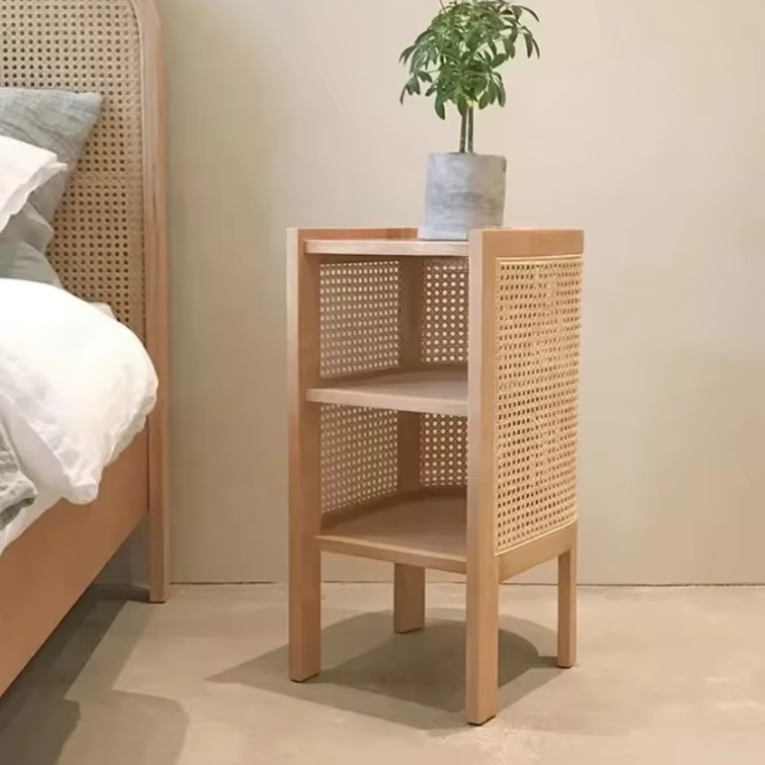 brown Solid Wood Rattan Bedside Table