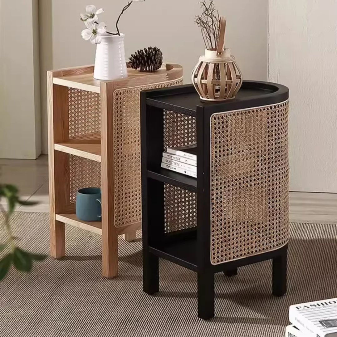 Black Solid Wood Rattan Bedside Table brown and black view