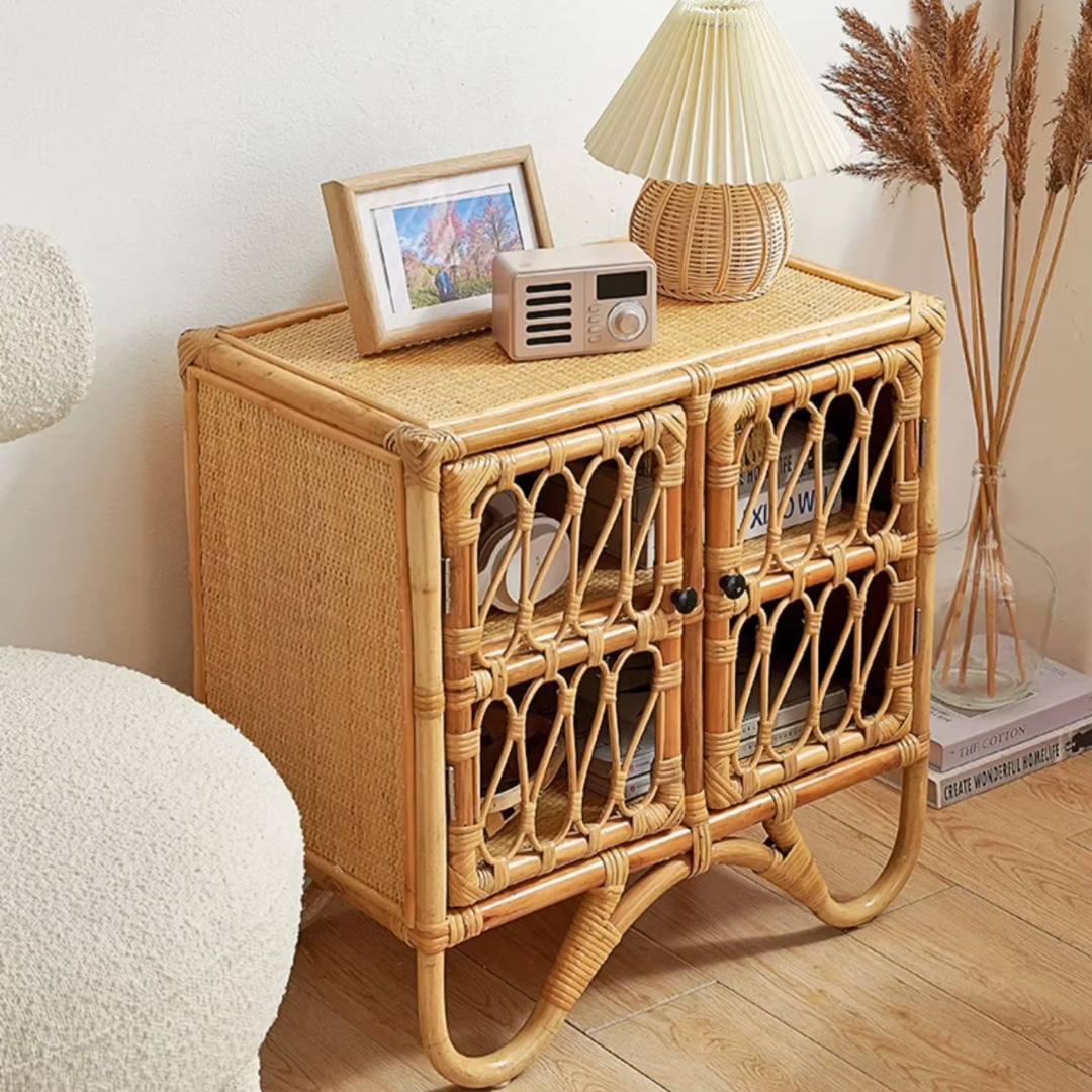 Boho Bamboo Bedside Table close up view