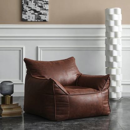 Brown Leather Bean Bag Armchair in a living room without the footstall