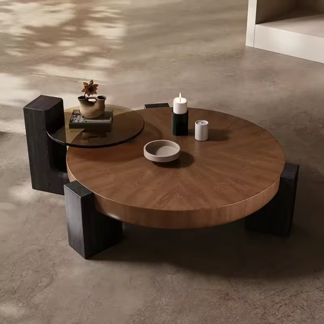 Front view of Mid Century Modern  chunky wood round walnut coffee table