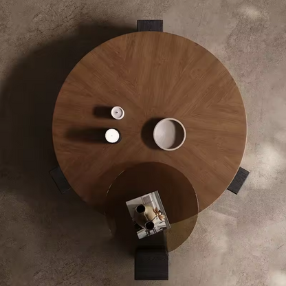 Close-up of thick walnut tabletop on coffee table