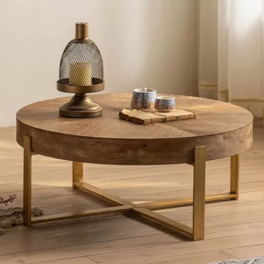 Front view of circle solid wood coffee table with gold legs