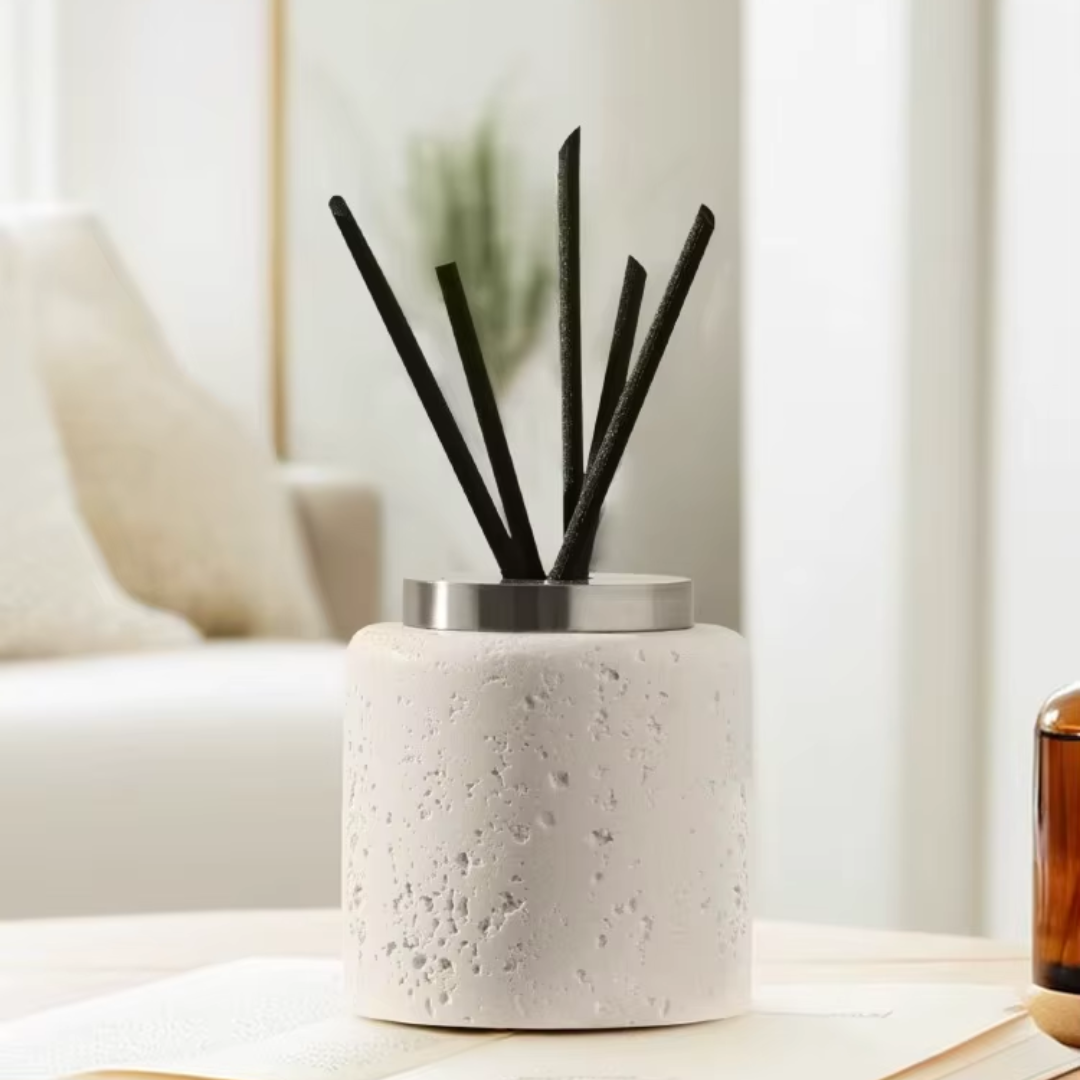 Clay Diffuser Bottle Holder displayed in a cosy living room space.