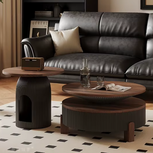 Side view of round dark wooden coffee table