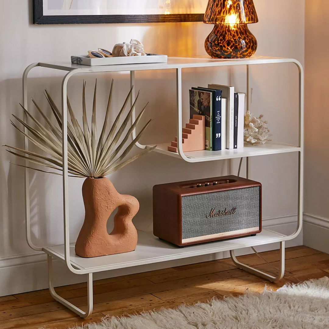 Mid Century White Storage Console Table in a living room