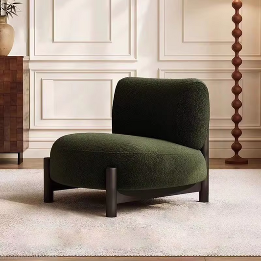 Front view of modern green boucle accent tub chair