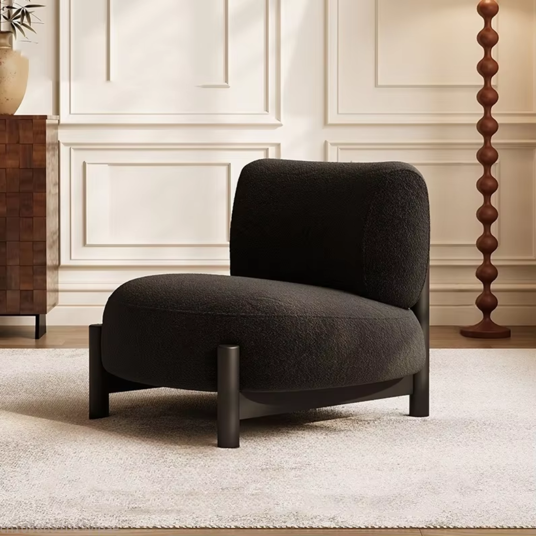 Front view of modern black boucle accent tub chair