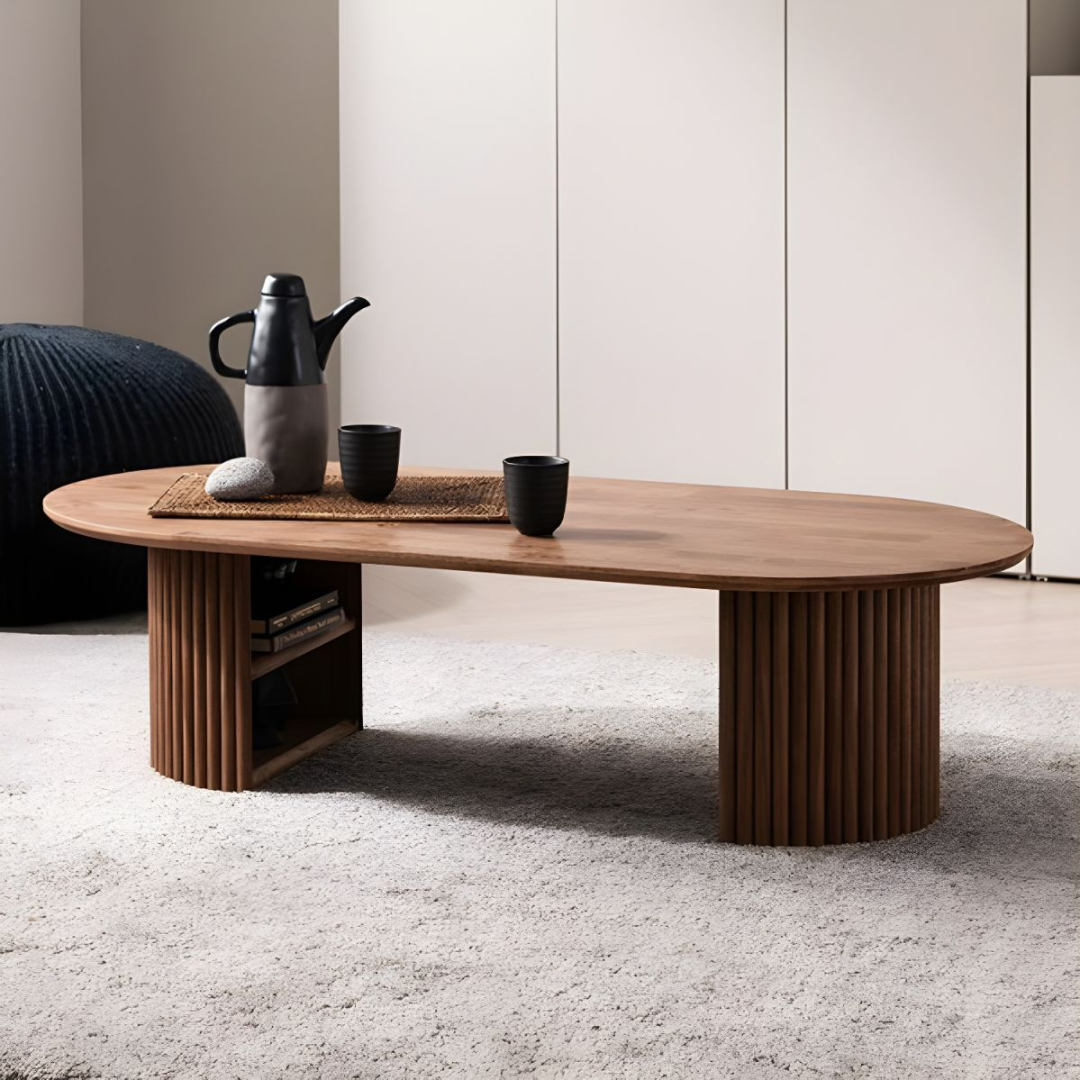 oval wooden coffee table side view
