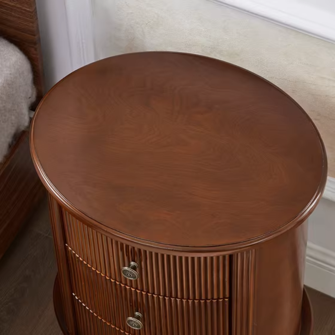 Modern Mid Century Bedside Table Circular close up of the wood finish