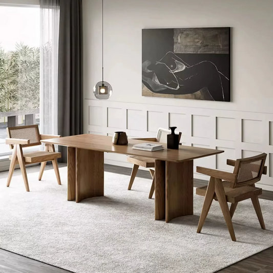 Modern Solid Wood Kitchen Table styled in a mid century dining room with matching chairs 