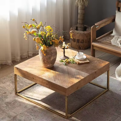 Front view of natural wooden square coffee table