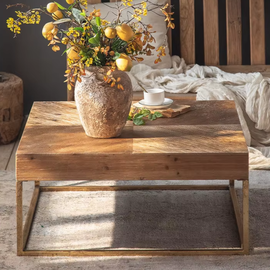 Top view of square coffee table in natural wood