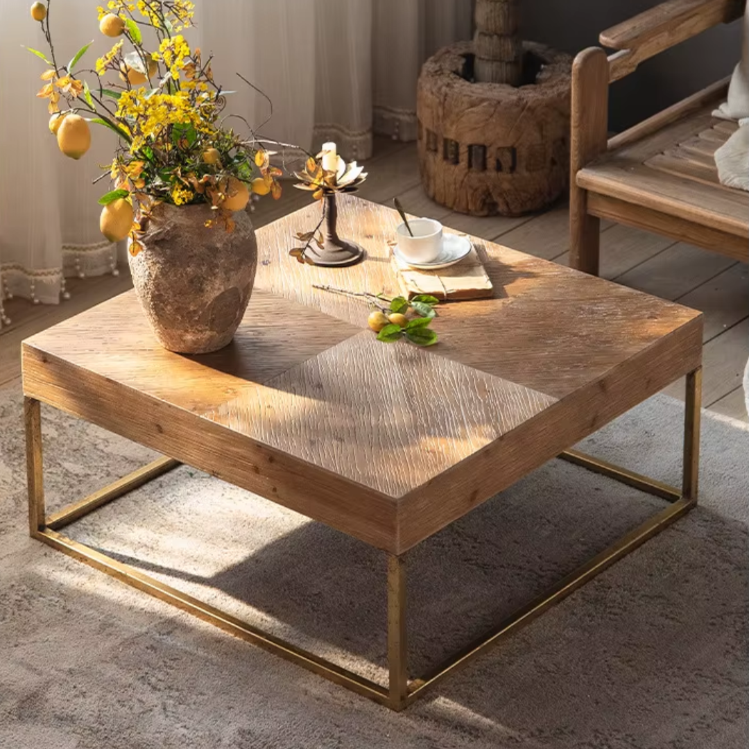 Side view of rustic square wooden coffee table