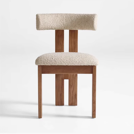 Front view of Nordic White Boucle Wood Dining Chair