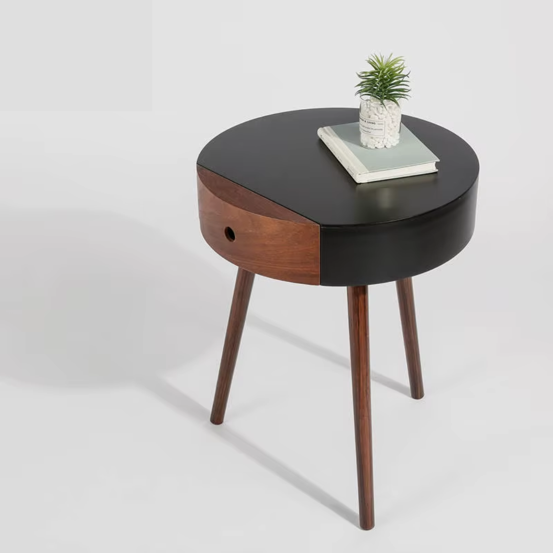 Front view of Nordic wood bedside table