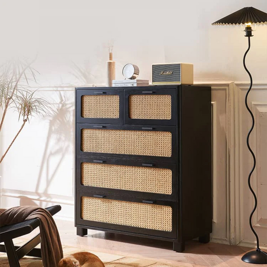 Rattan Black Wood Chest Of Drawers front view