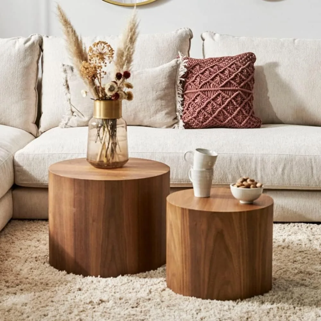 Front view of round pedestal coffee table walnut set