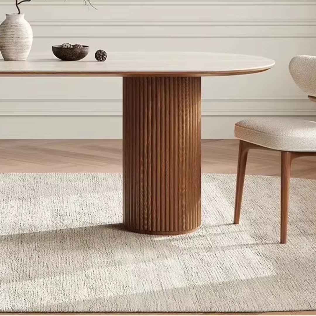 Round Walnut Dining Room Table close up of the wood base right side