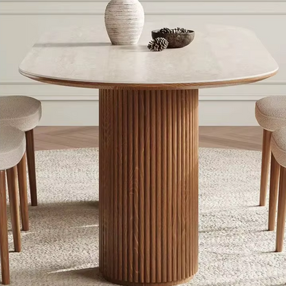 Round Walnut Dining Room Table close up of the side view