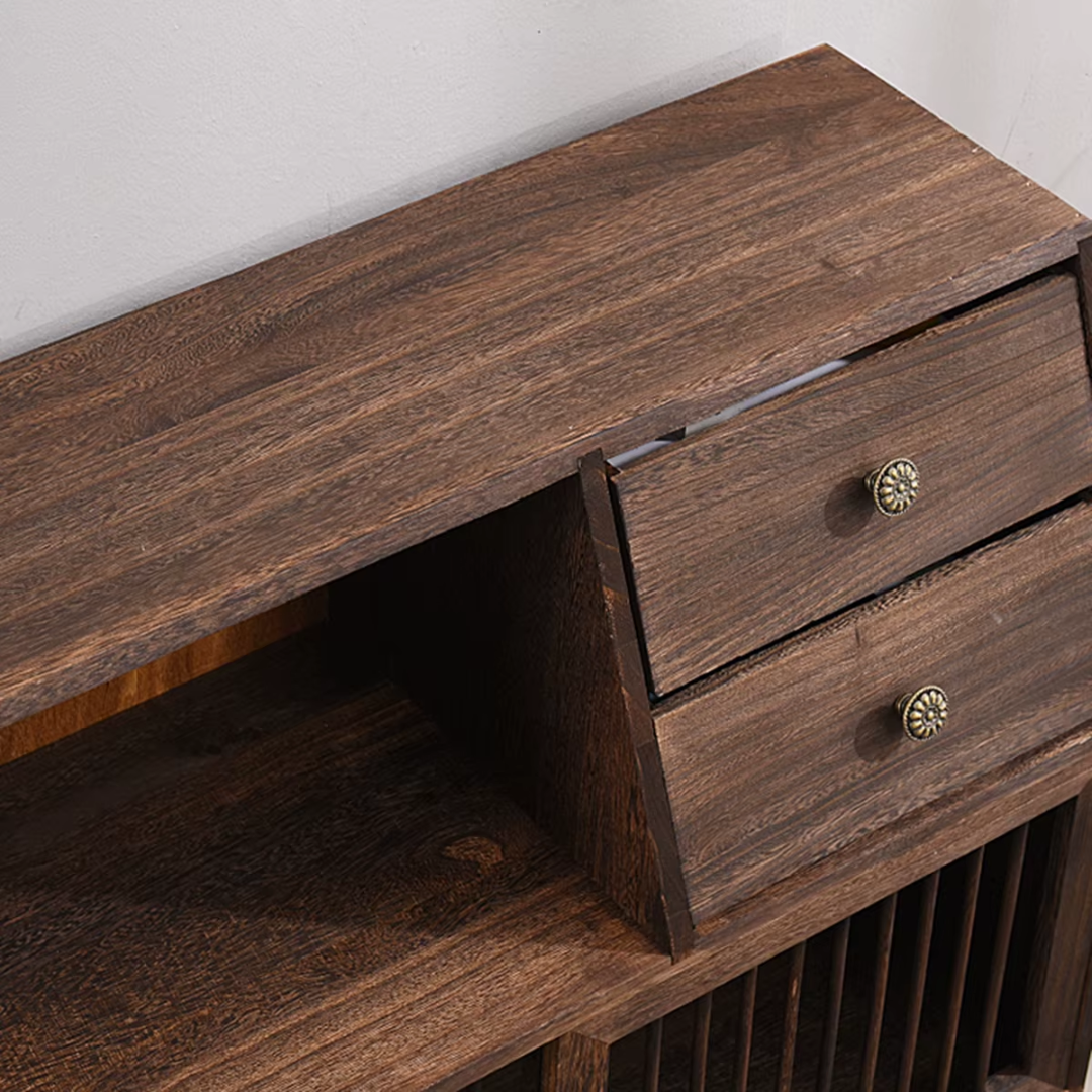 Rustic Display Cabinet Dark Wood close up of table top