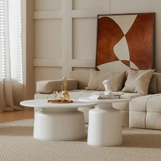 Front view of Scandi white and wooden pedestal coffee table