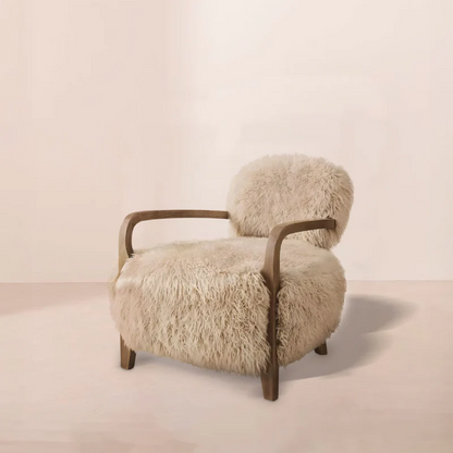 Scandinavian Fluffy Armchair Wood Legs front view