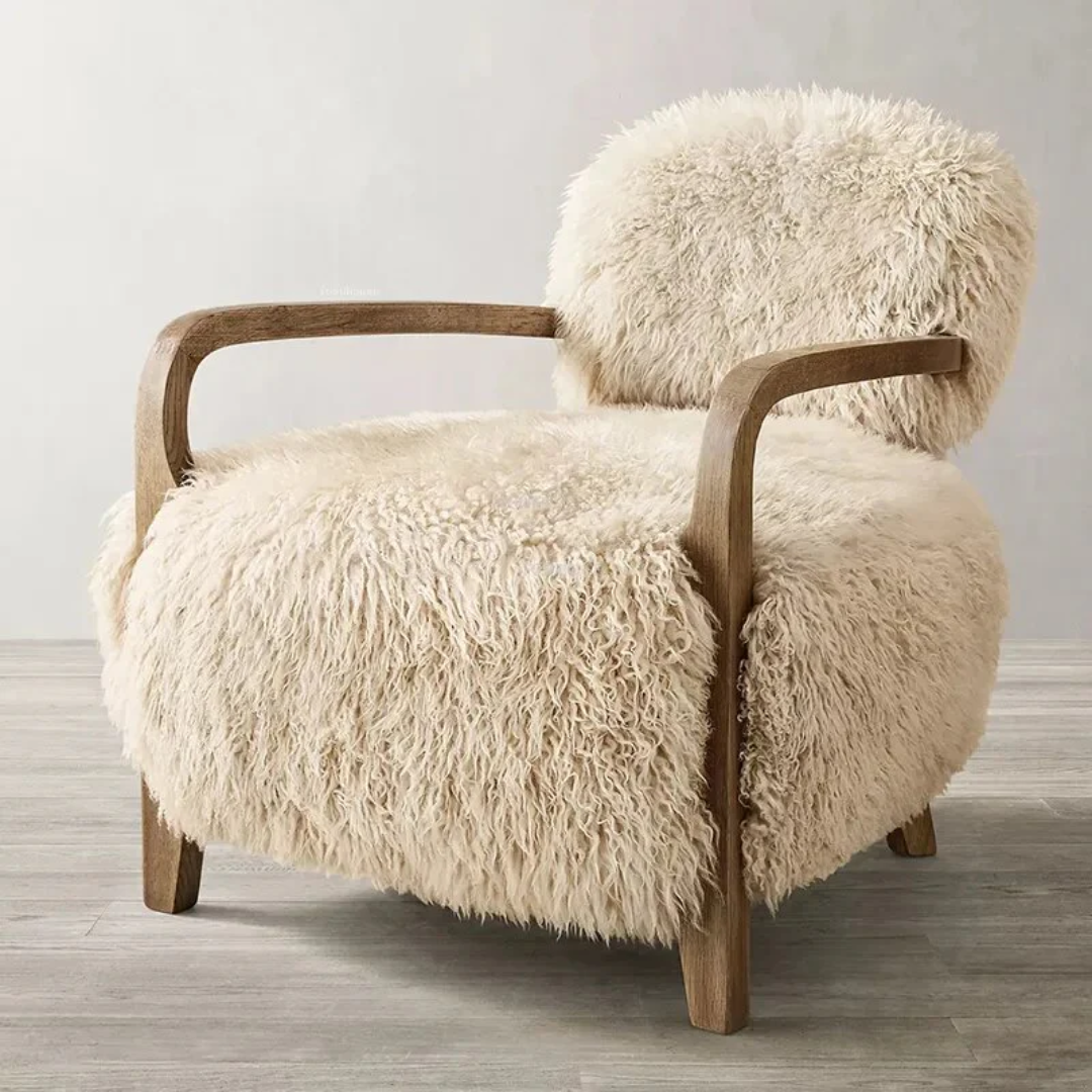 Scandinavian Fluffy Armchair Wood Legs side view