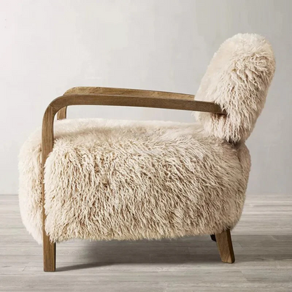 Scandinavian Fluffy Armchair Wood Legs side view of the fluffy interior