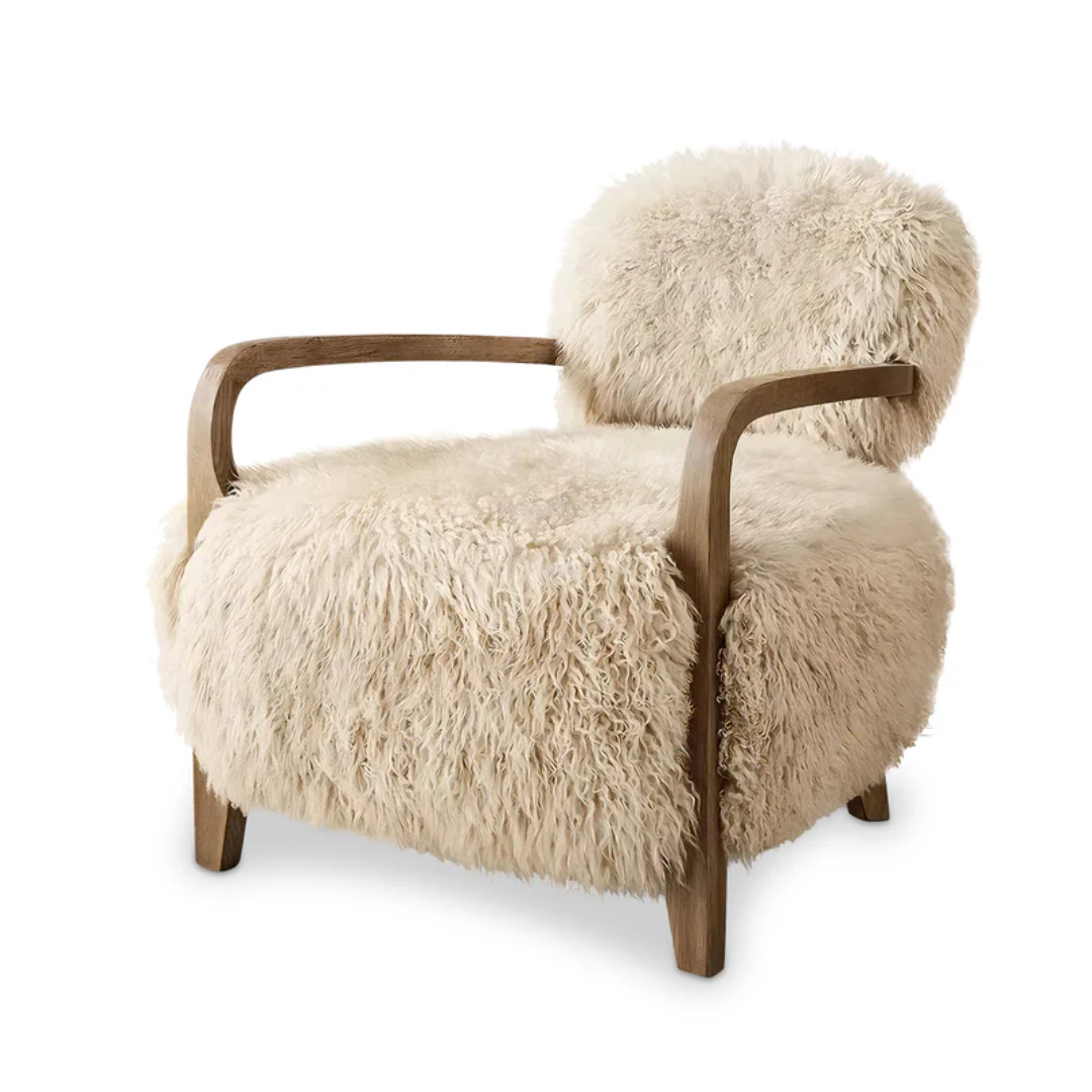 Scandinavian Fluffy Armchair Wood Legs against a white background
