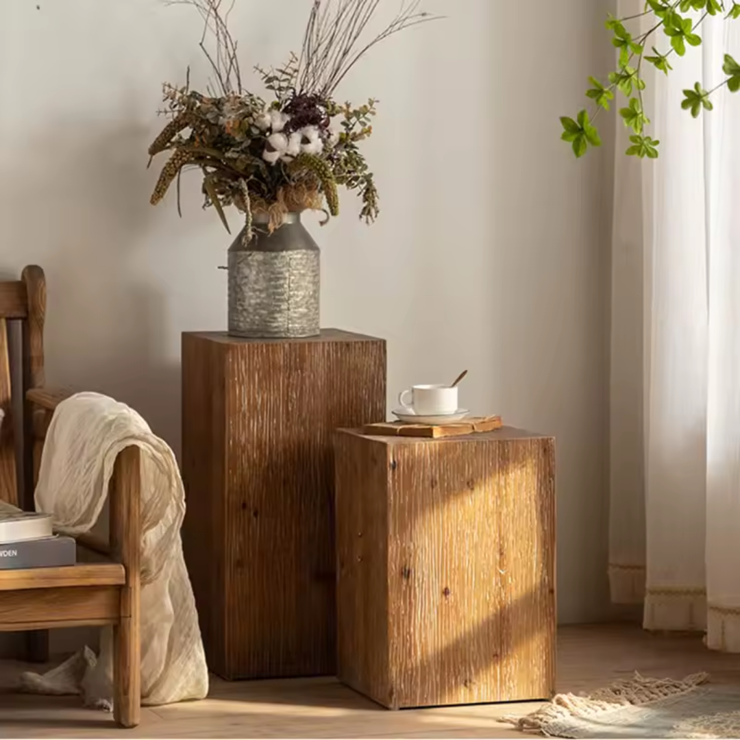 Front view of solid wood pedestal side table