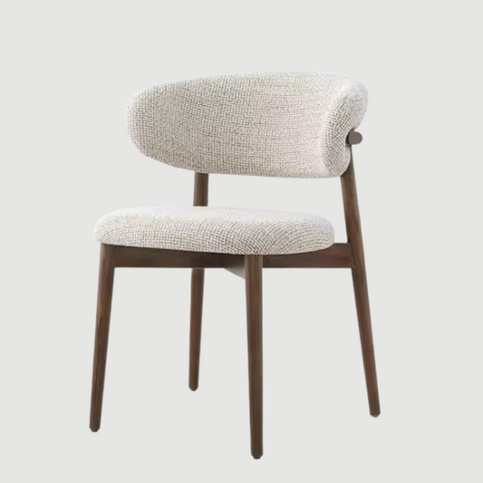 Front view of upholstered fabric wood dining room chair
