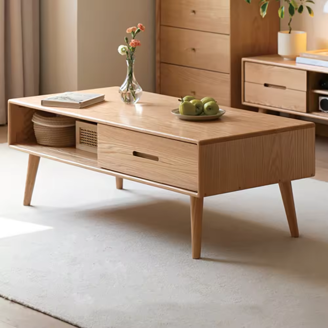 Front view of solid wooden coffee table with storage