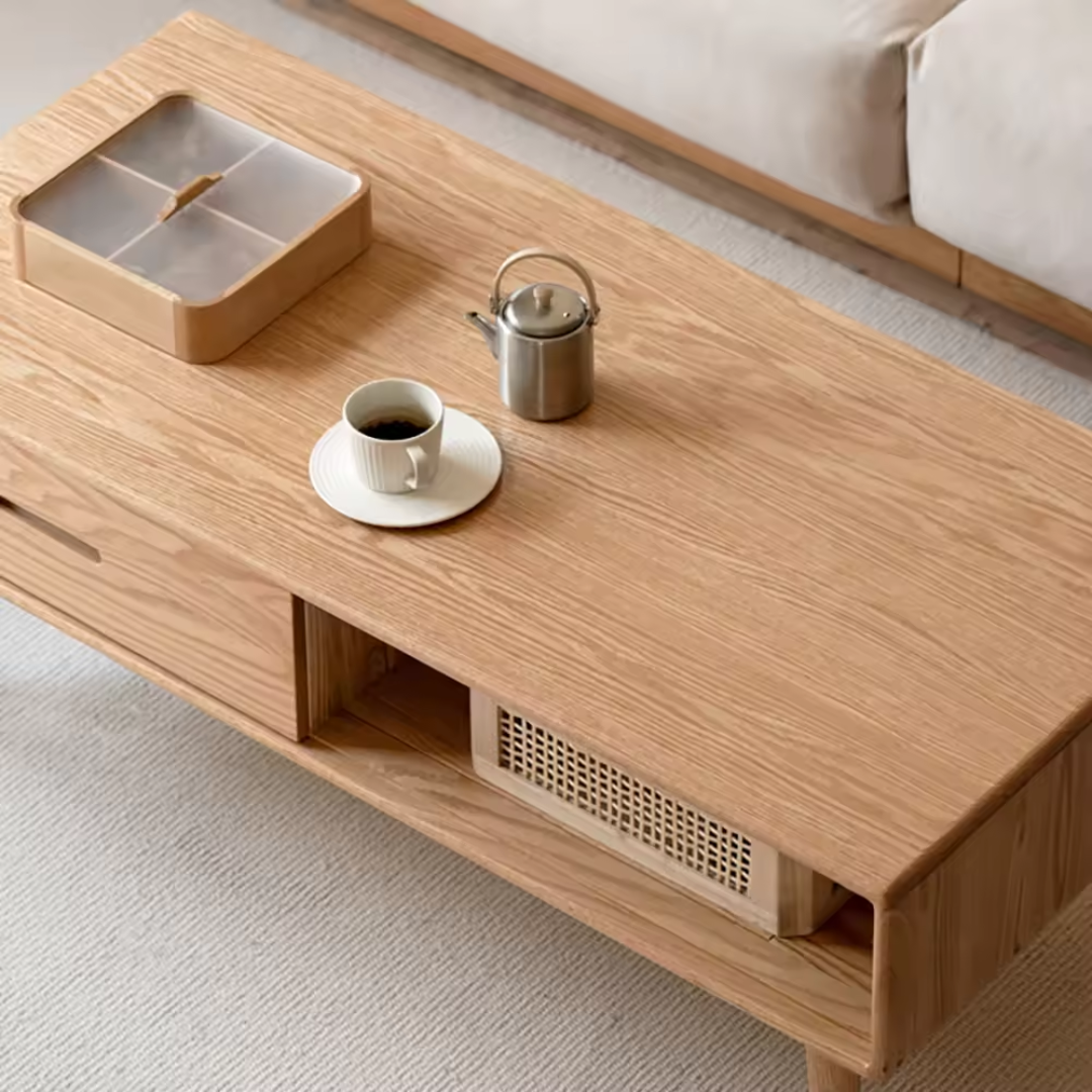 Close-up of wood grain finish on coffee table