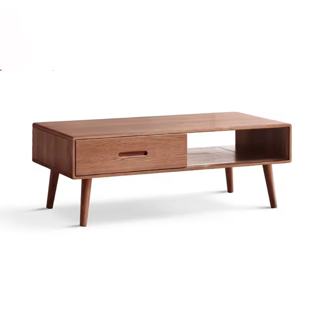 Angled view of wooden coffee table with storage drawers