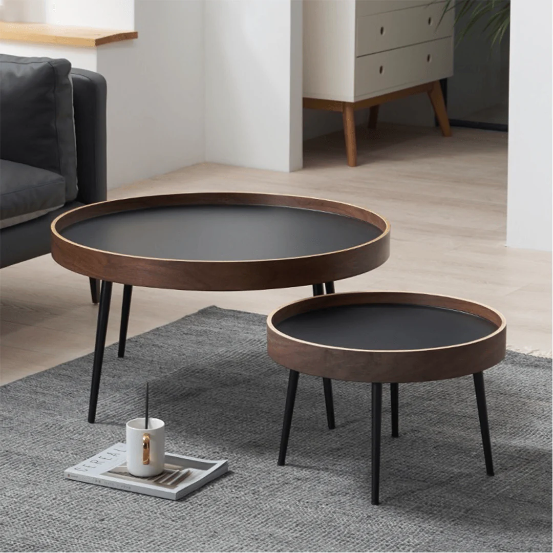 Solid wooden round coffee table set front view