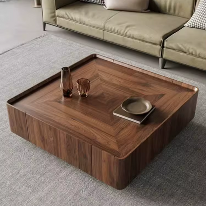 Minimalist square coffee table styled in a modern living room
