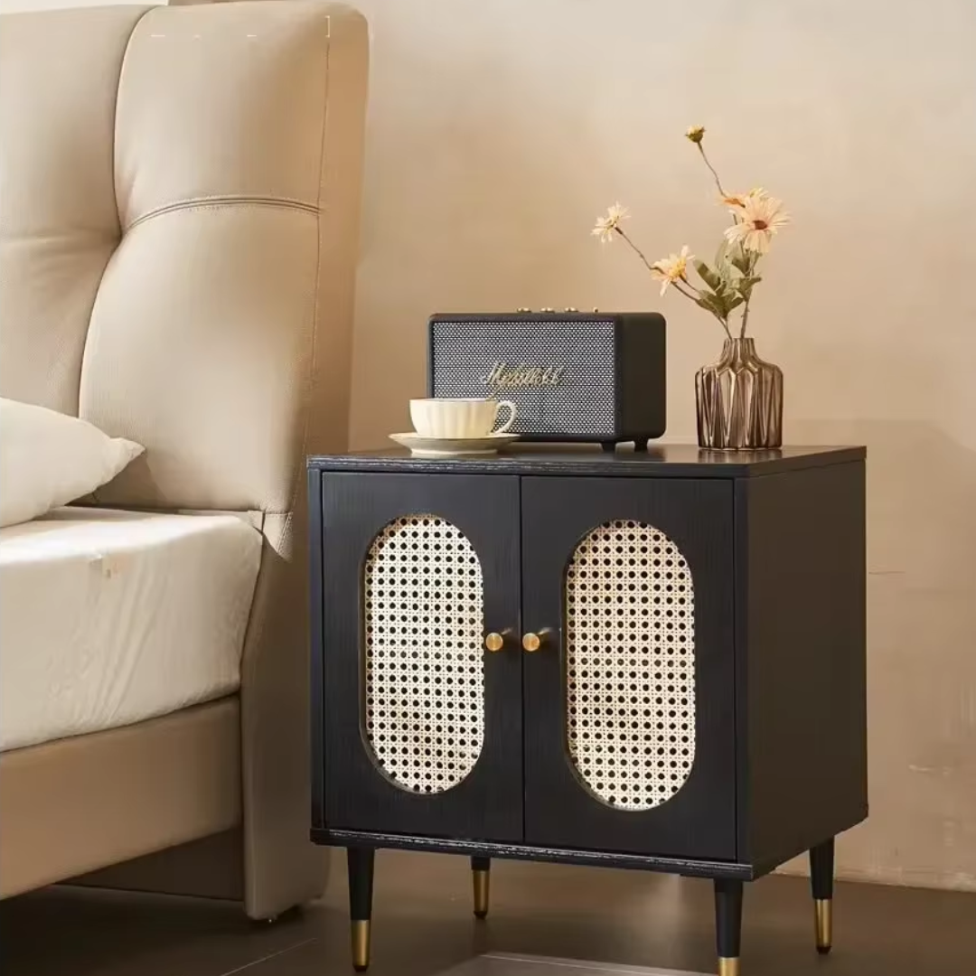 Solid Wood Black Rattan Bedside Cabinet side view