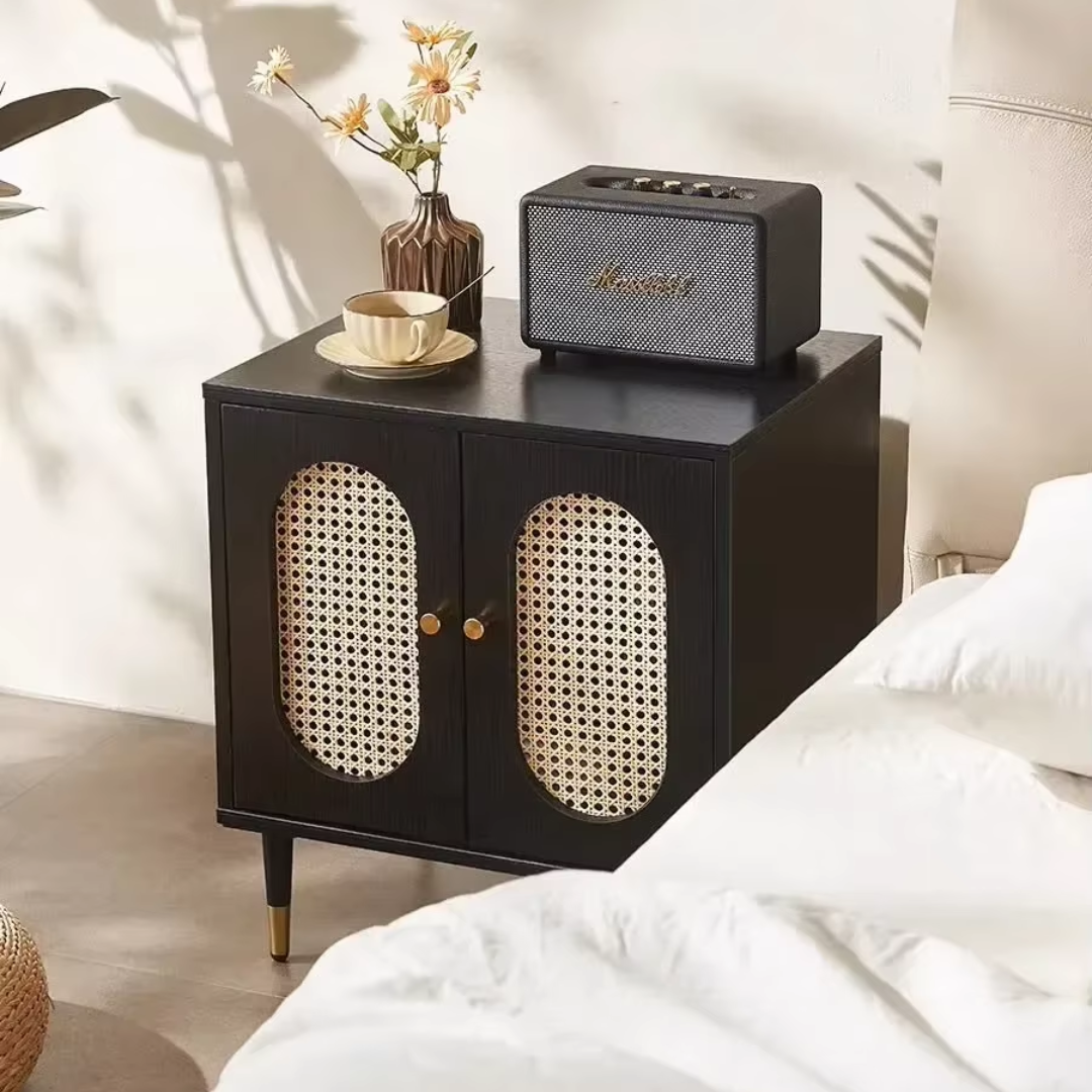 Solid Wood Black Rattan Bedside Cabinet tabletop view